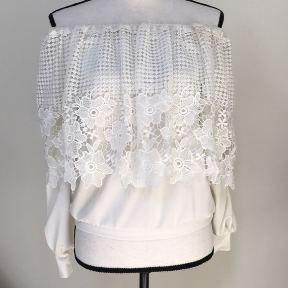 2nd Flower Tops - 2nd Flower Off Shoulder White Floral Lace Layered Long-Sleeve Top Size S